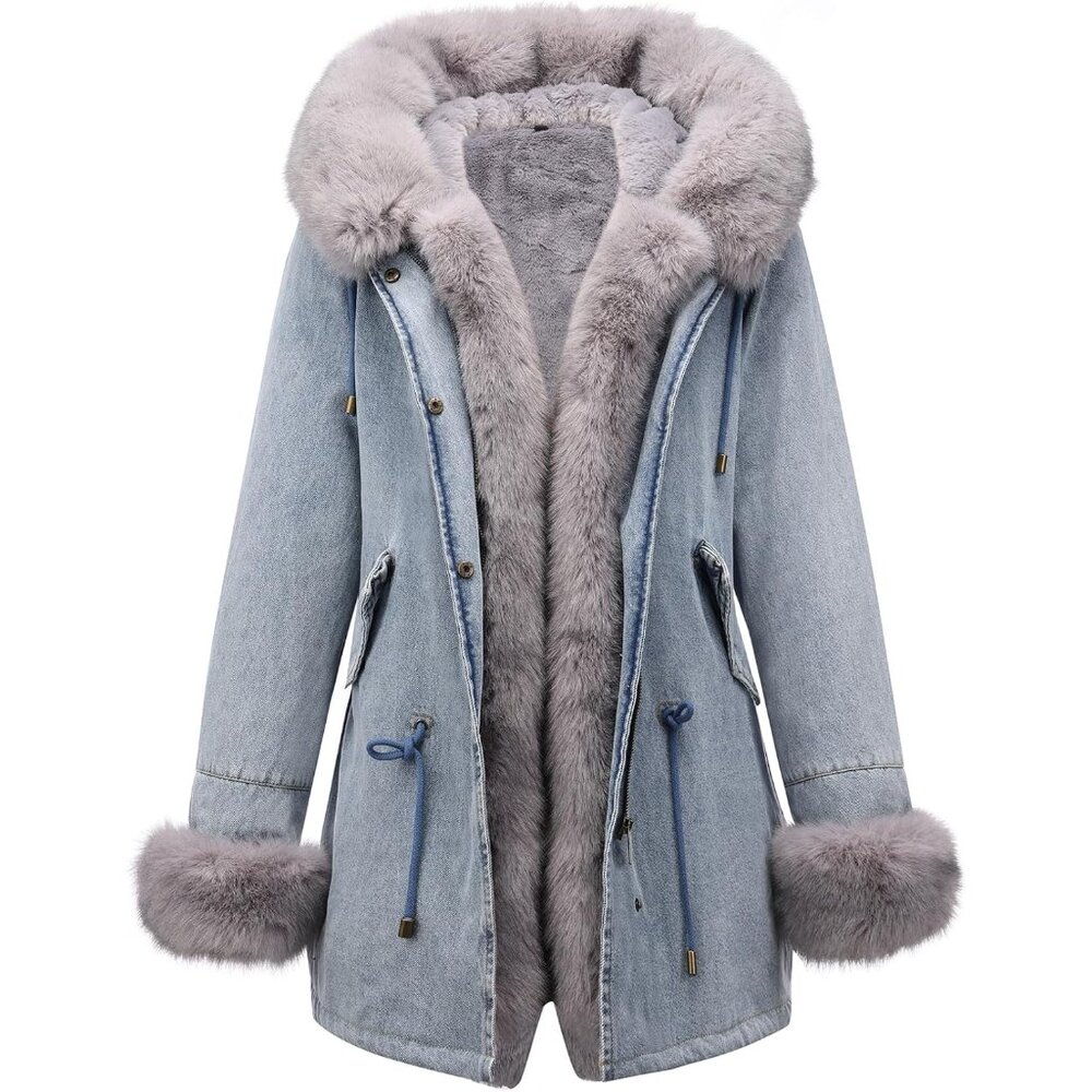 Women's Grey Sherpa Fleece Jean Jackets Twill Parka Jacket, Winter Fashion